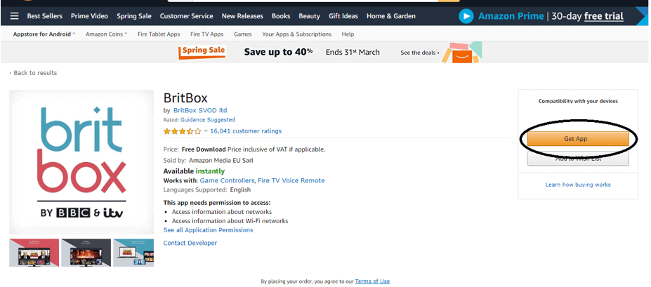 Install Britbox using the Amazon website