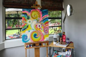 white and blue floral wall decor