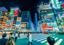 people crossing pedestrian near buildings at night