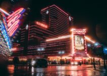 lighted buildings at night