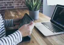 aloe vera plant on grey pot on table with MacBook Pro and iPad