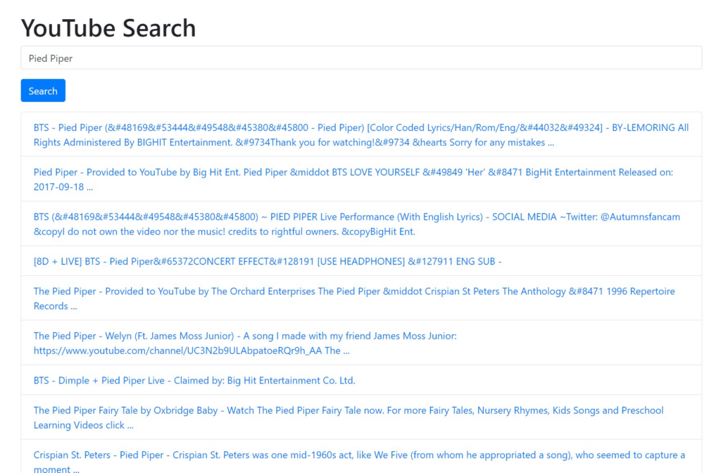 youtube search results of the youtube search web application