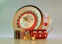 A clock, dice, and casino chips on a table