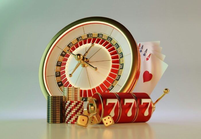 A clock, dice, and casino chips on a table
