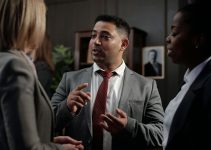 Diverse group of business professionals in suits having an engaging discussion in an office setting.