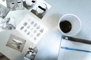 Flat lay of forensic evidence and police investigation documents on a desk.