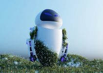 a robot sitting on top of a lush green field