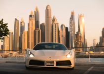 a white sports car parked in front of a city skyline